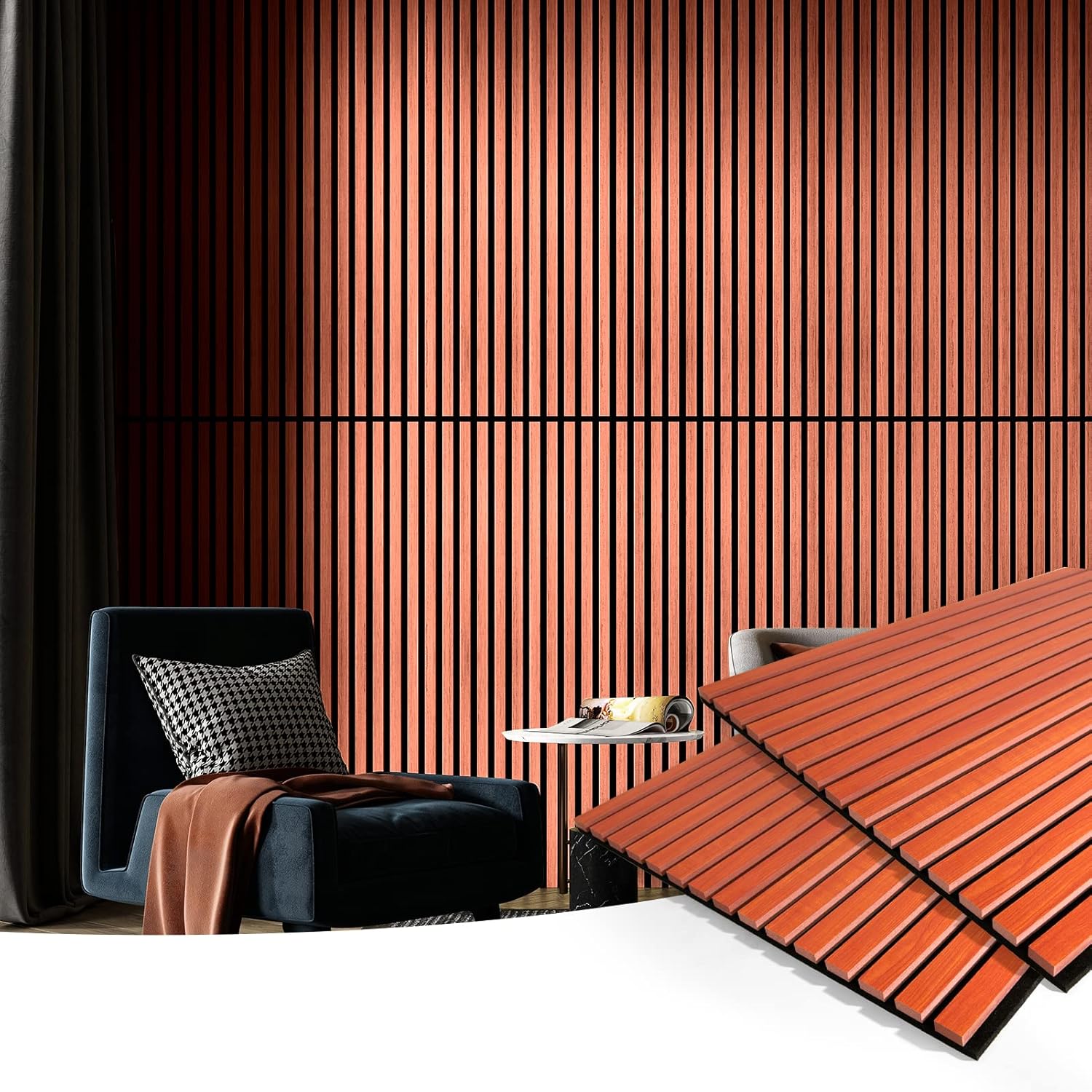 Acoustic Wood Slatted Wall Panels 2 Pack 60x120cm 3D Effect Cherry Finish Art3d