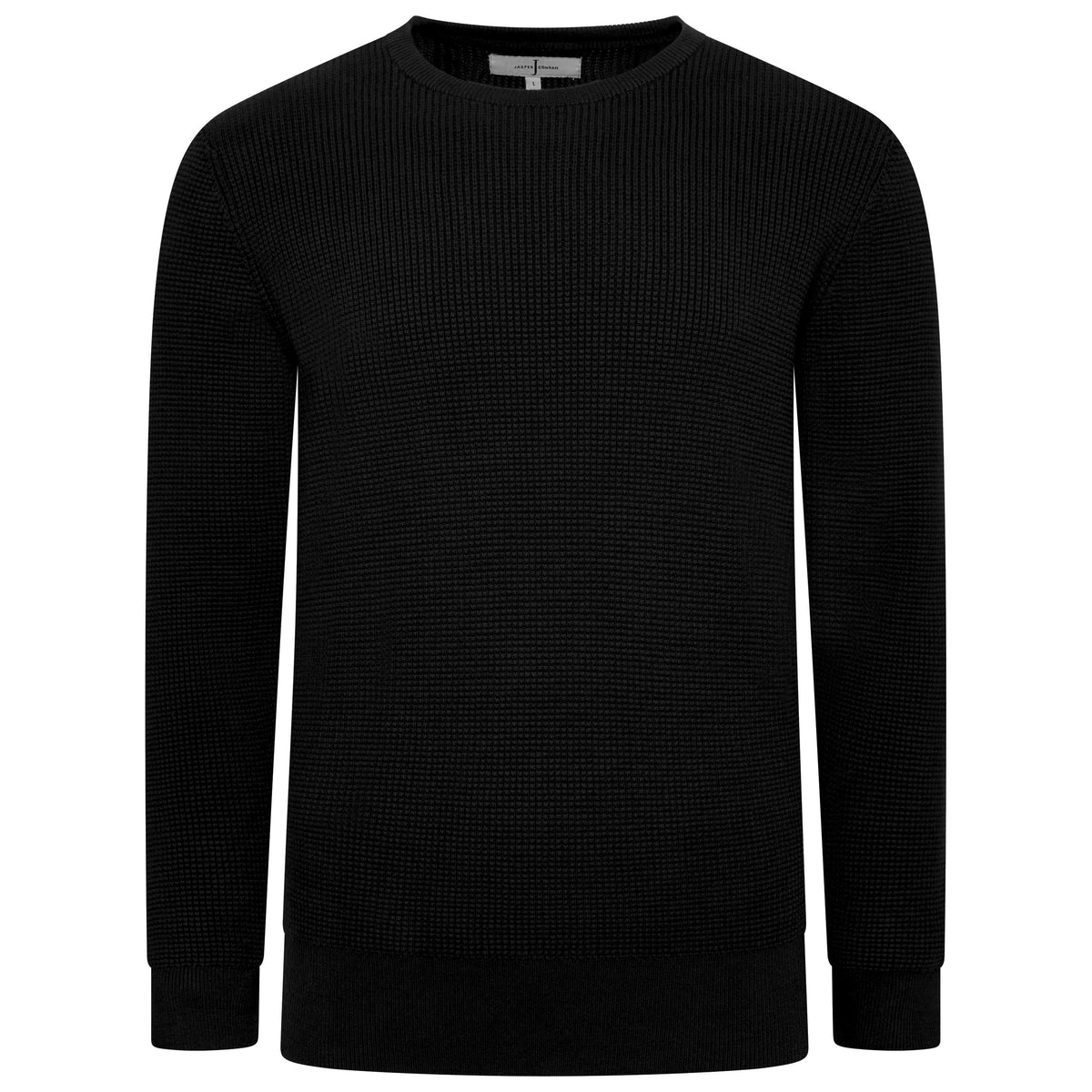 A black long-sleeve crewneck sweater with a textured waffle knit pattern, shown on a plain white background.