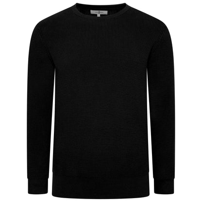 A black long-sleeve crewneck sweater with a textured waffle knit pattern, shown on a plain white background.
