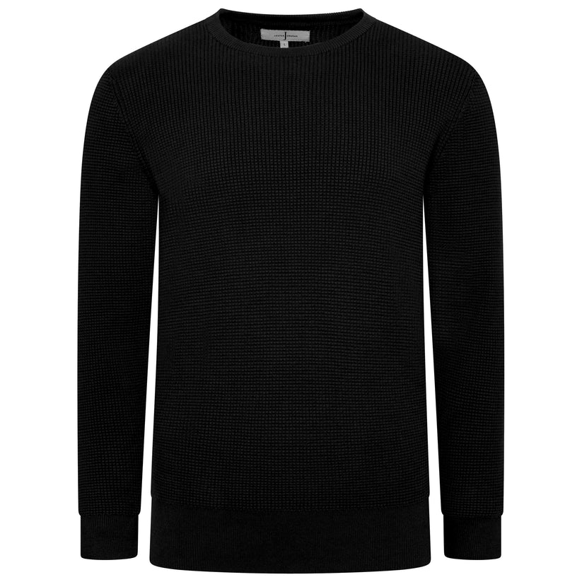A black long-sleeve crewneck sweater with a textured waffle knit pattern, shown on a plain white background.