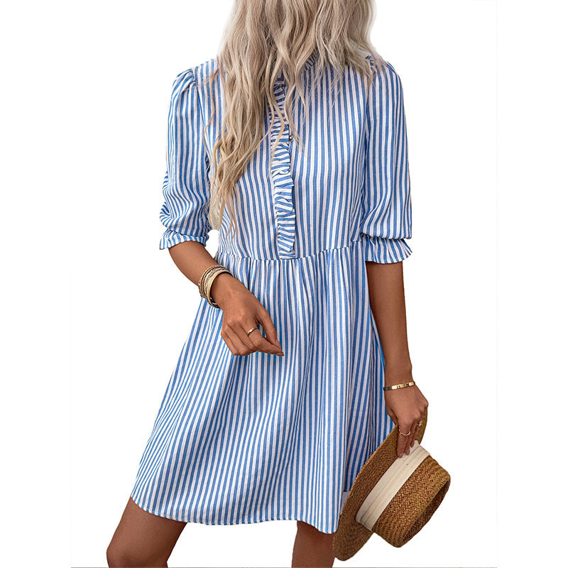European and American women's vertical striped shirt dress