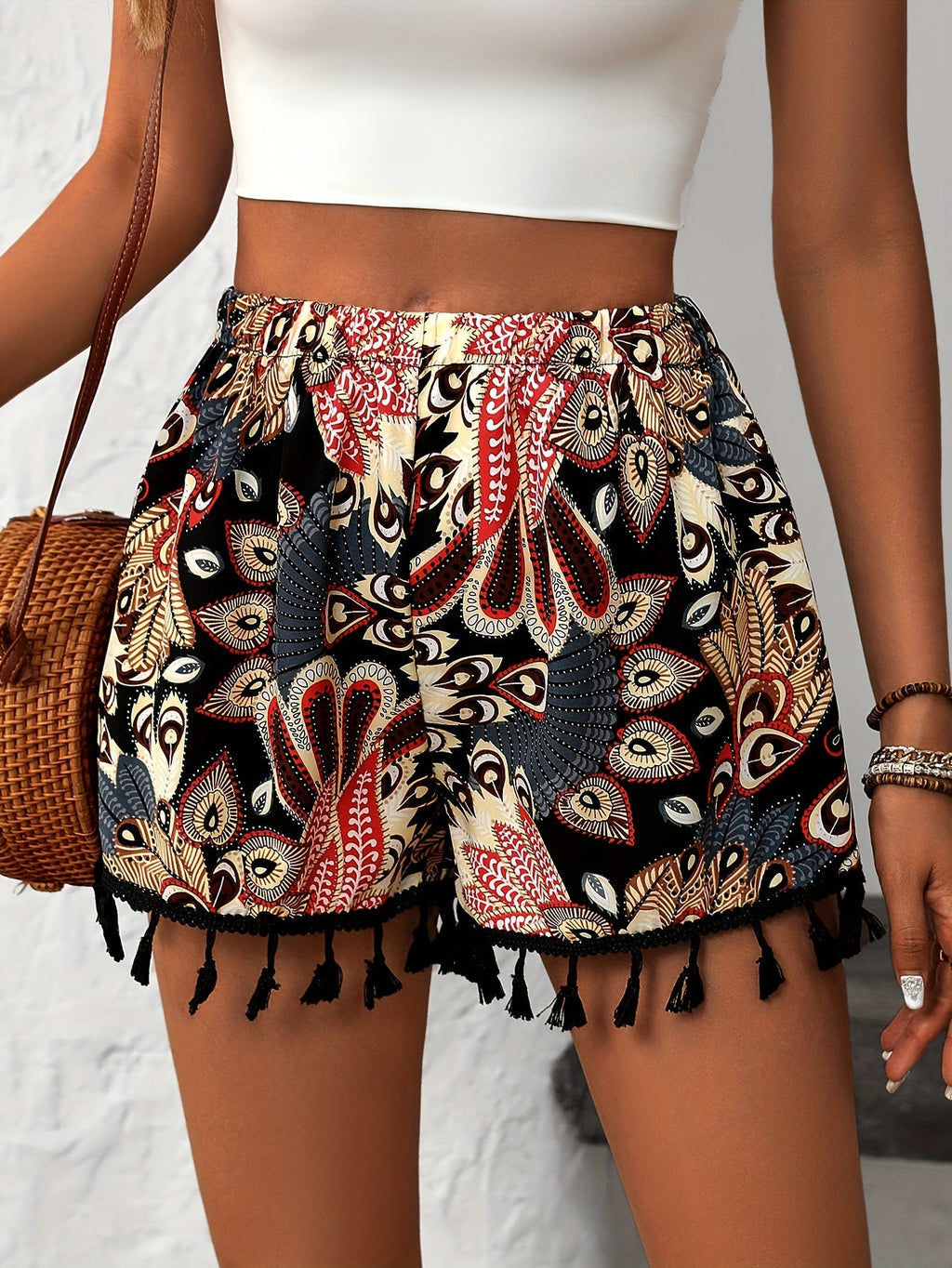 Women's Elegant Paisley Print Tassel Shorts