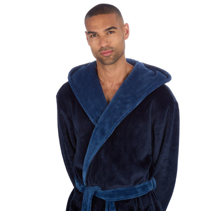 Pierre Roche Men's Hooded Fleece Dressing Gown with Contrast Belt & Pockets