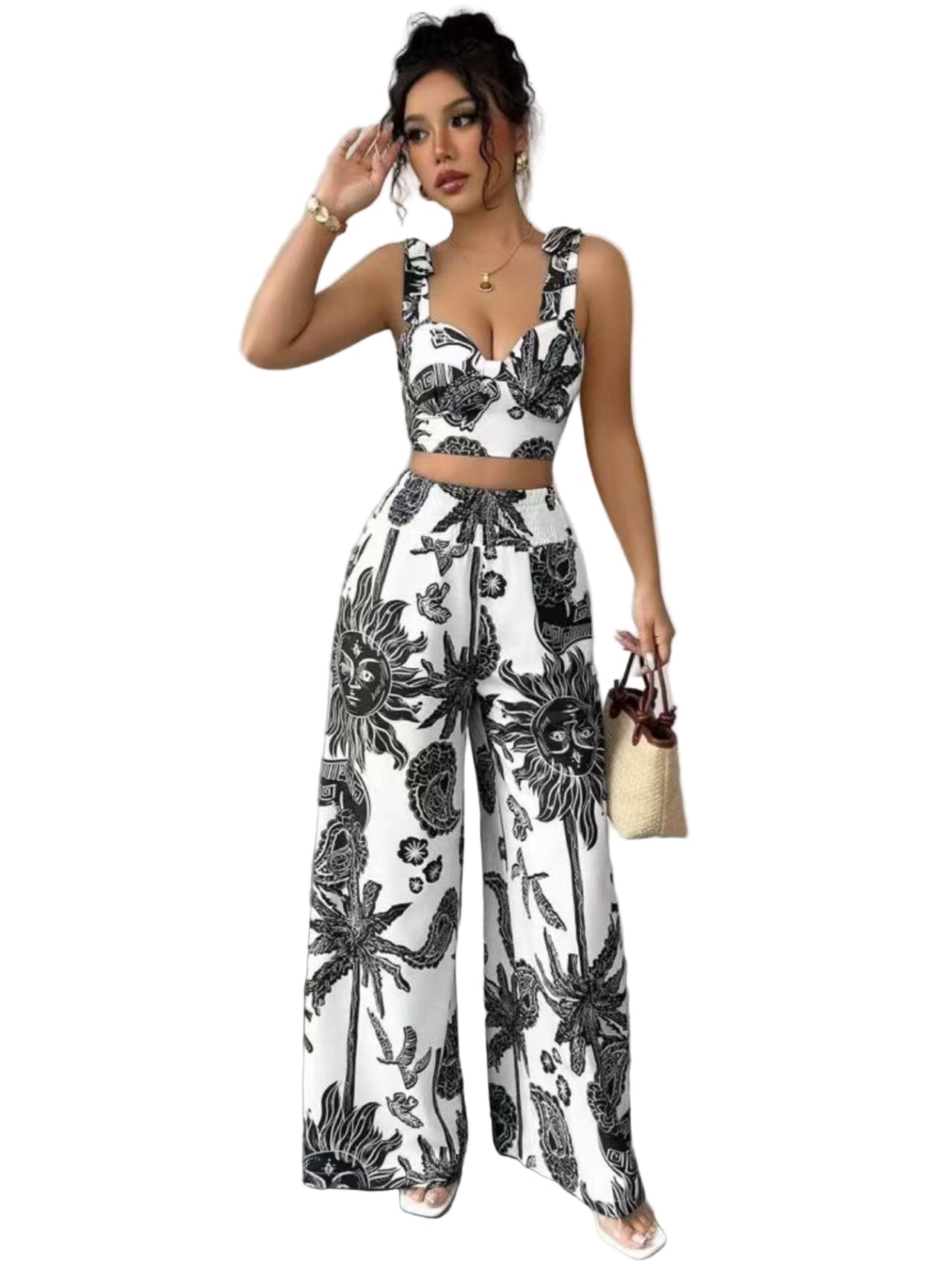 Sexy V-neck Strap Vest Loose Wide Leg Pants