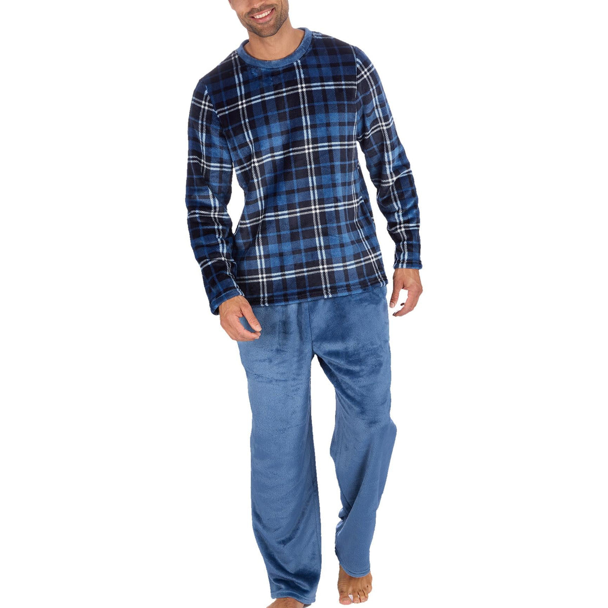 Cargo Bay Men's Check Fleece Lounge Set with Crew Neck Top and Pockets