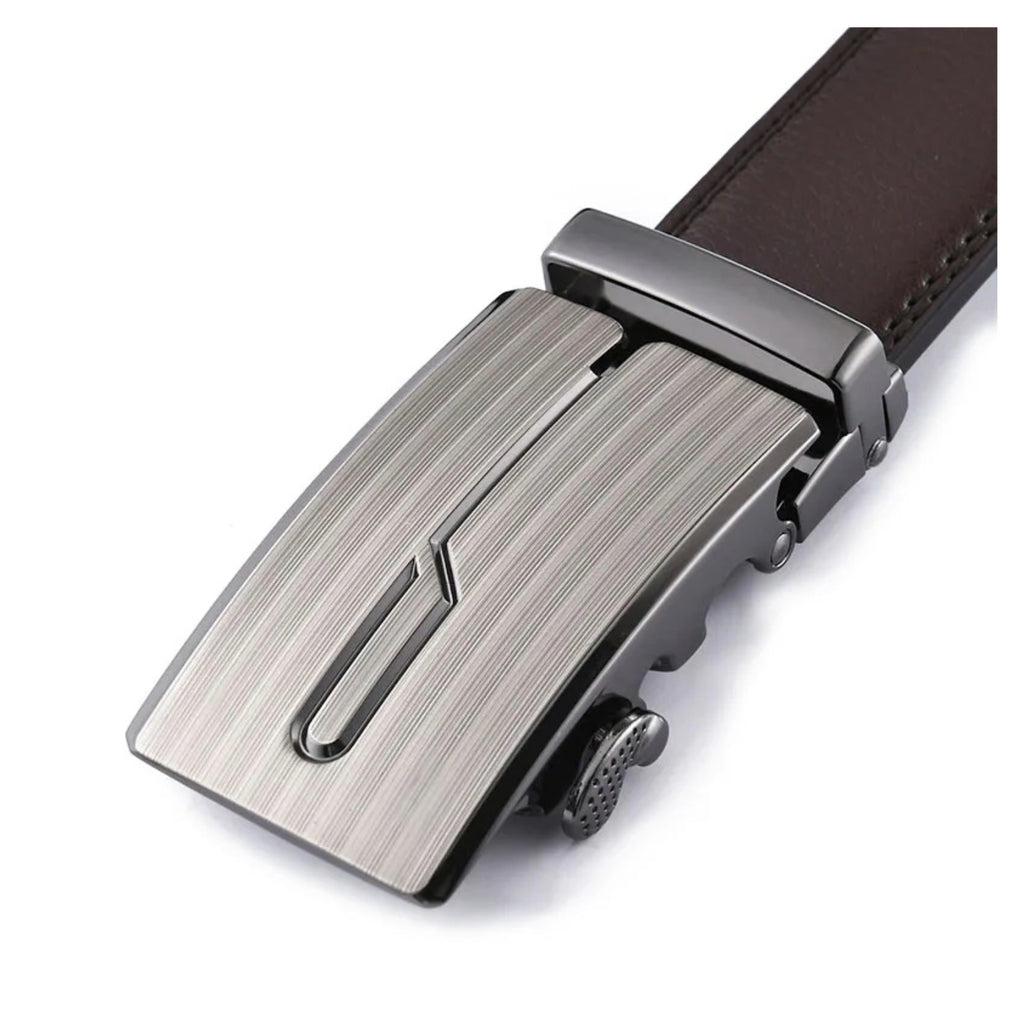 QHA Mens 35mm Ratchet Leather Belt, Brushed Silver J-Line Automatic Buckle Q67