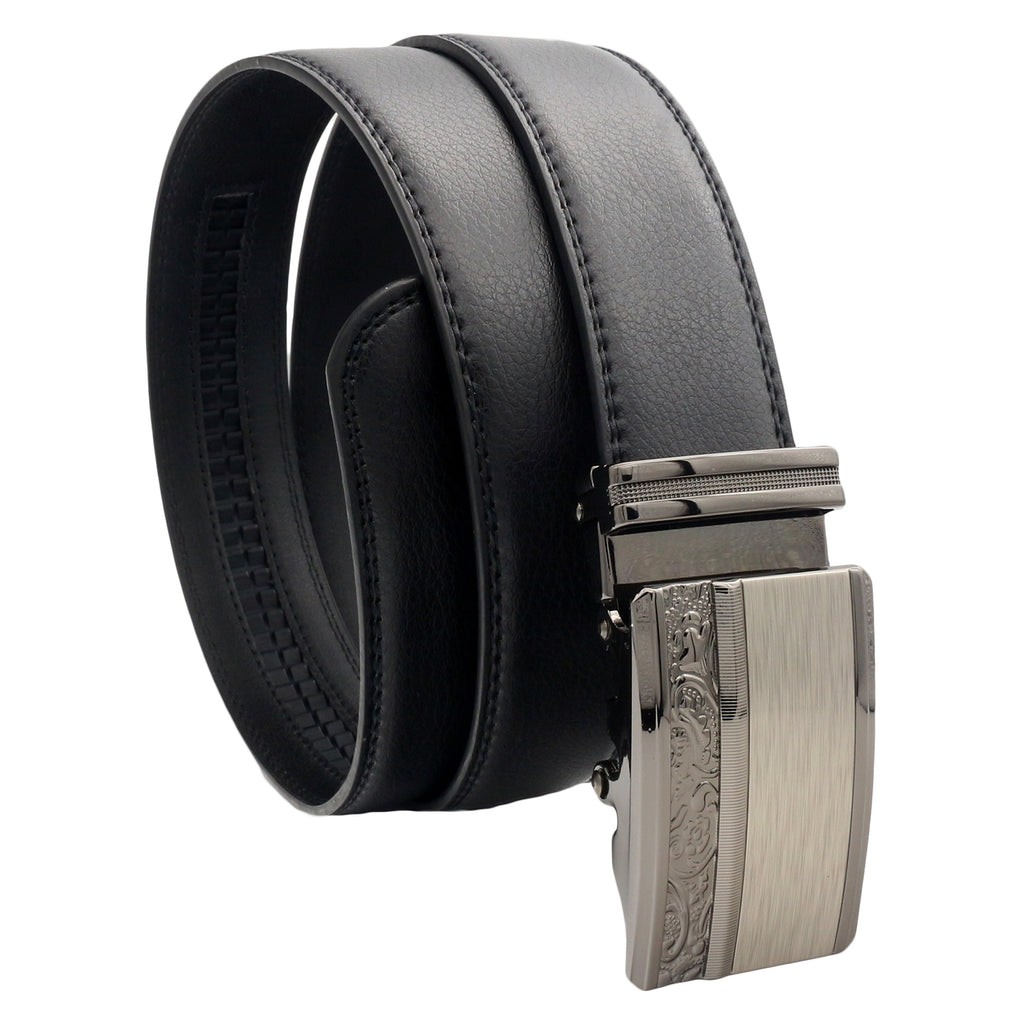 QHA Mens 35mm Ratchet Leather Belt, Gunmetal Carbon Fiber Buckle Q5088