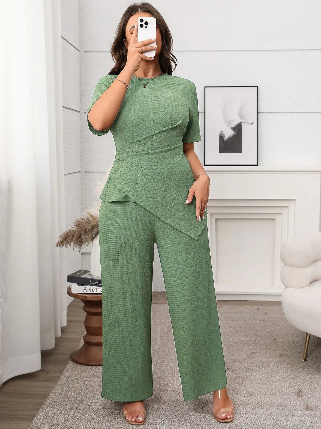 Plus Size Asymmetrical Round Neck Short Sleeve Top and Pants Set
