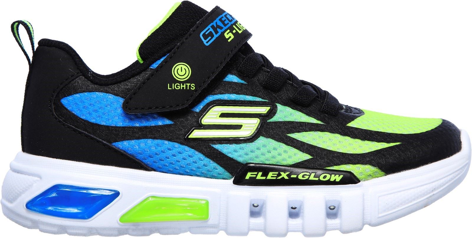 Skechers S Lights Flex-Glow Dezlo Touch Fastening Trainer Childrens Sports in Black/Blue/Lime