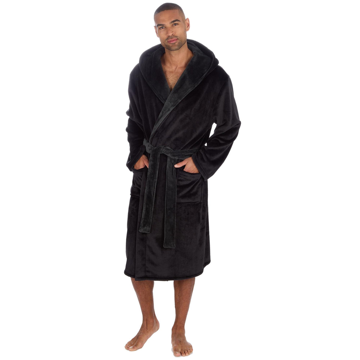 Pierre Roche Men's Hooded Fleece Dressing Gown with Contrast Belt & Pockets