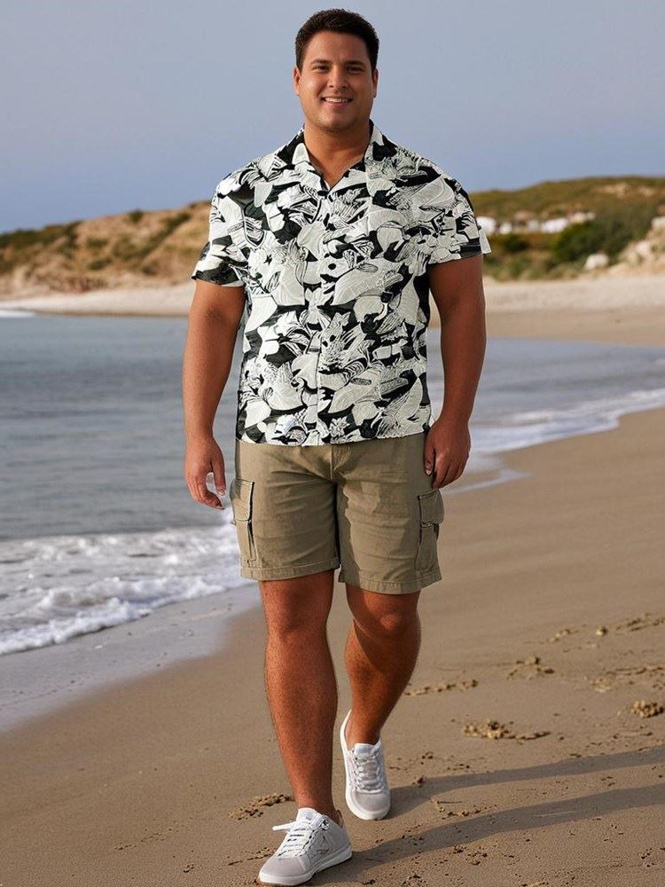 Espionage Leaf Print Short Sleeve Shirt For Men in Green, 2XL-8XL