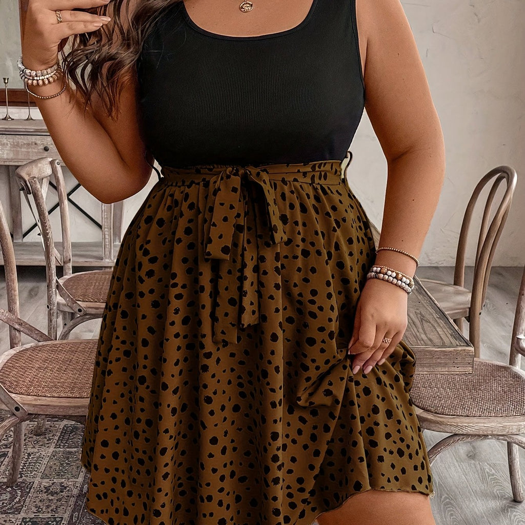 Plus Size Two-Tone Polka Dot Sleeveless Summer Dress with Ruched Detail and Belted Waist Dress