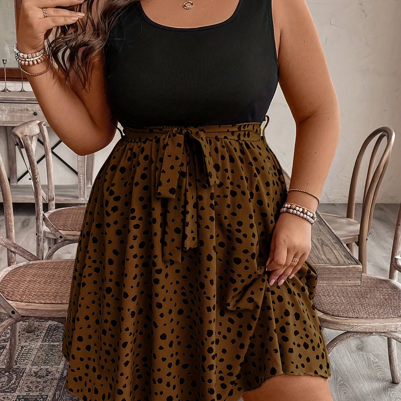 Plus Size Two-Tone Polka Dot Sleeveless Summer Dress with Ruched Detail and Belted Waist Dress