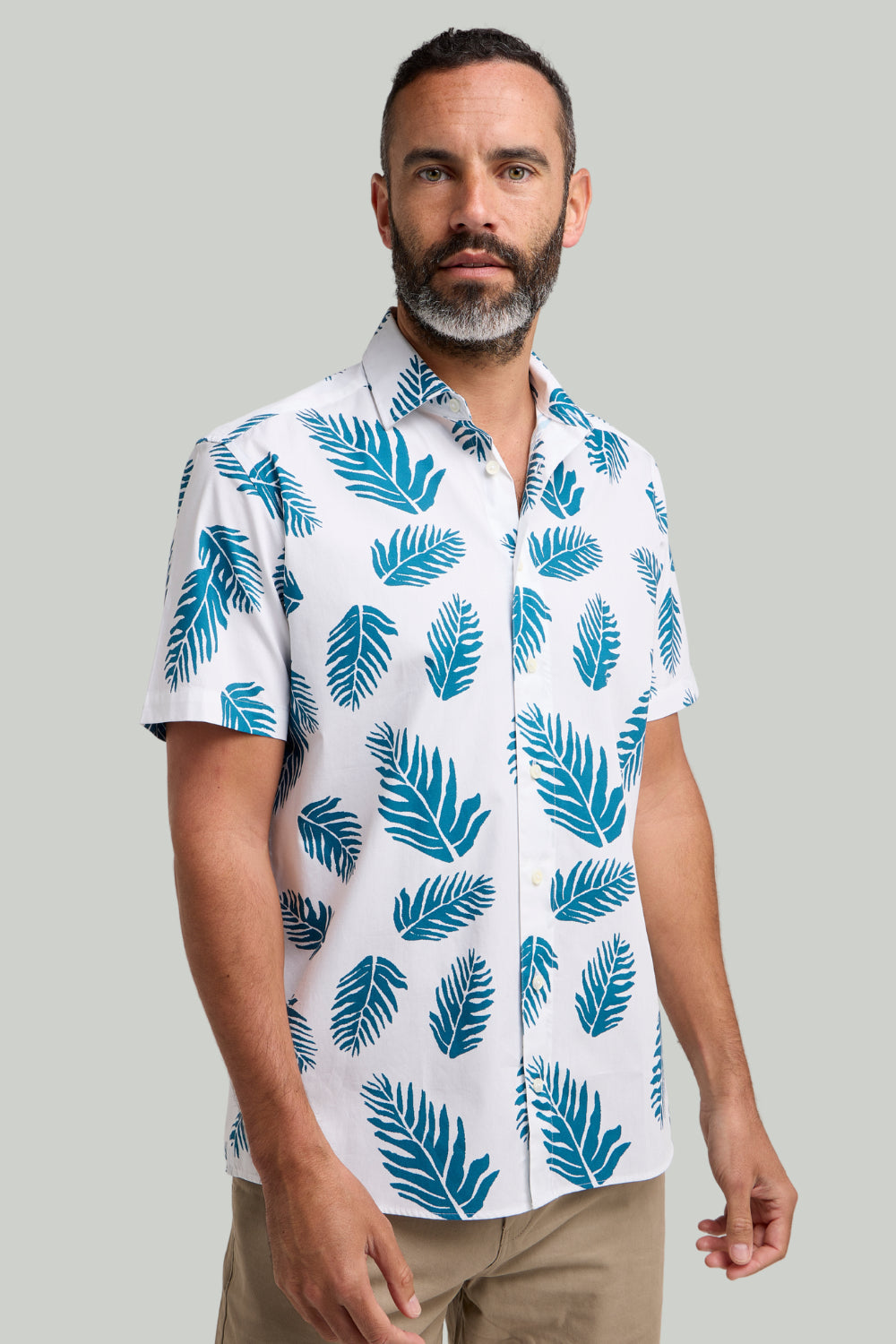 Double TWO Floral Leaf Print Short Sleeve Shirt For Men in Teal, M-5XL