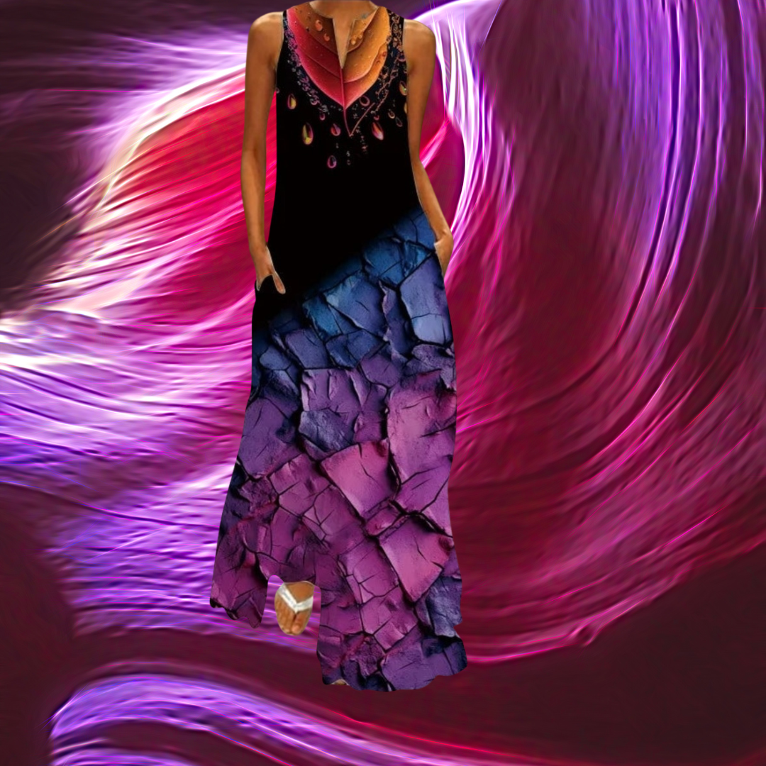 Boho Retro V-Neck Sleeveless Maxi Dress – Artistic Summer Long Dress for Women