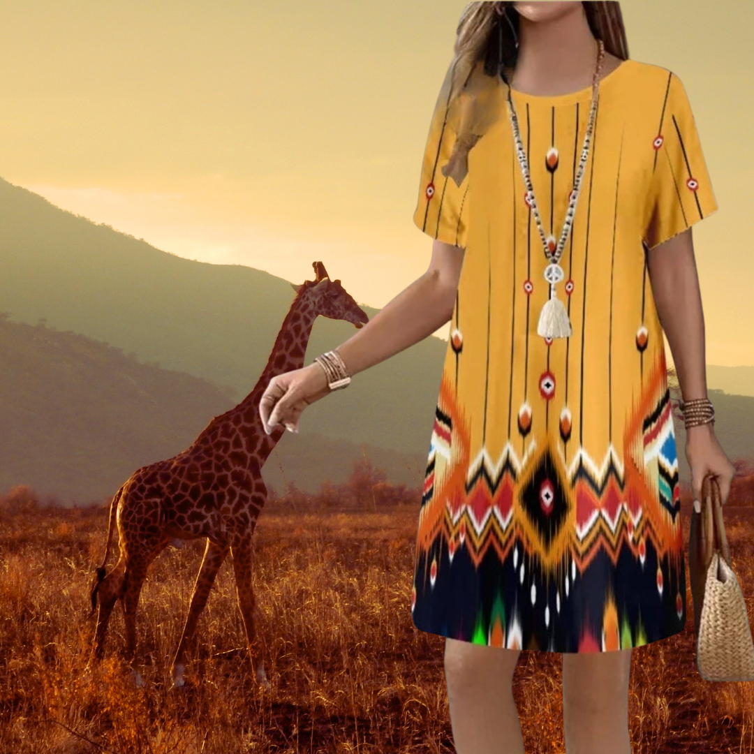 Boho 3D Flower & Feather Print Dress – Women's Loose Fit Summer Mini Dress with Short Sleeves