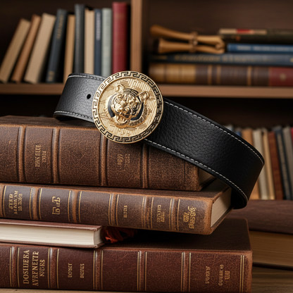 QHA Men's Tiger Head Buckle Leather Belt 38mm Gold Silver Black