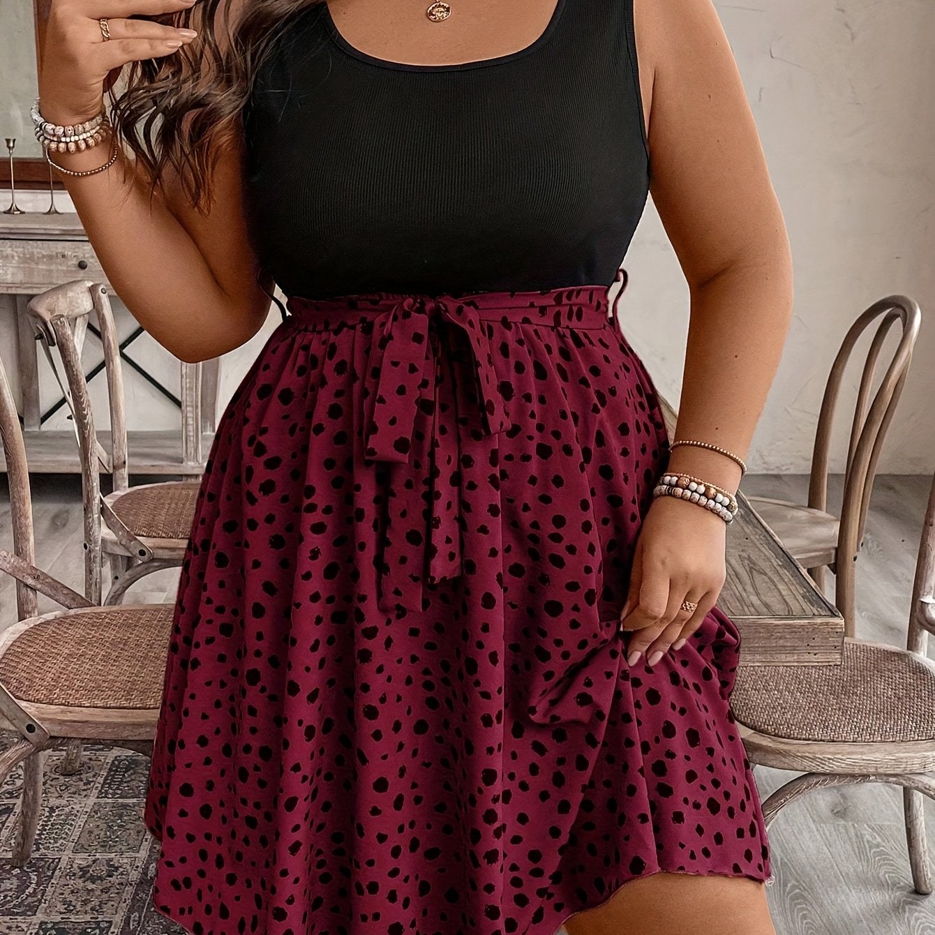 Plus Size Two-Tone Polka Dot Sleeveless Summer Dress with Ruched Detail and Belted Waist Dress