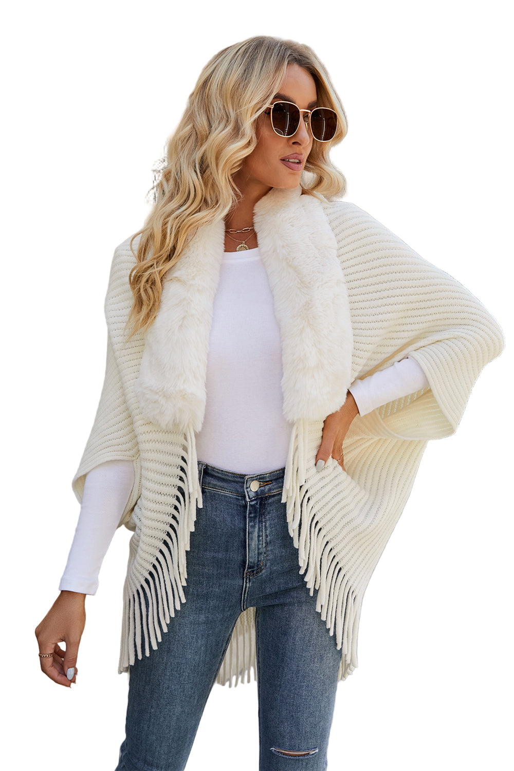Fringe Detail Long Sleeve Ribbed Poncho