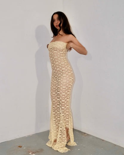 Butter Yellow Lace Bardot Top Stretch Midi / Maxi Dress - QHA UK