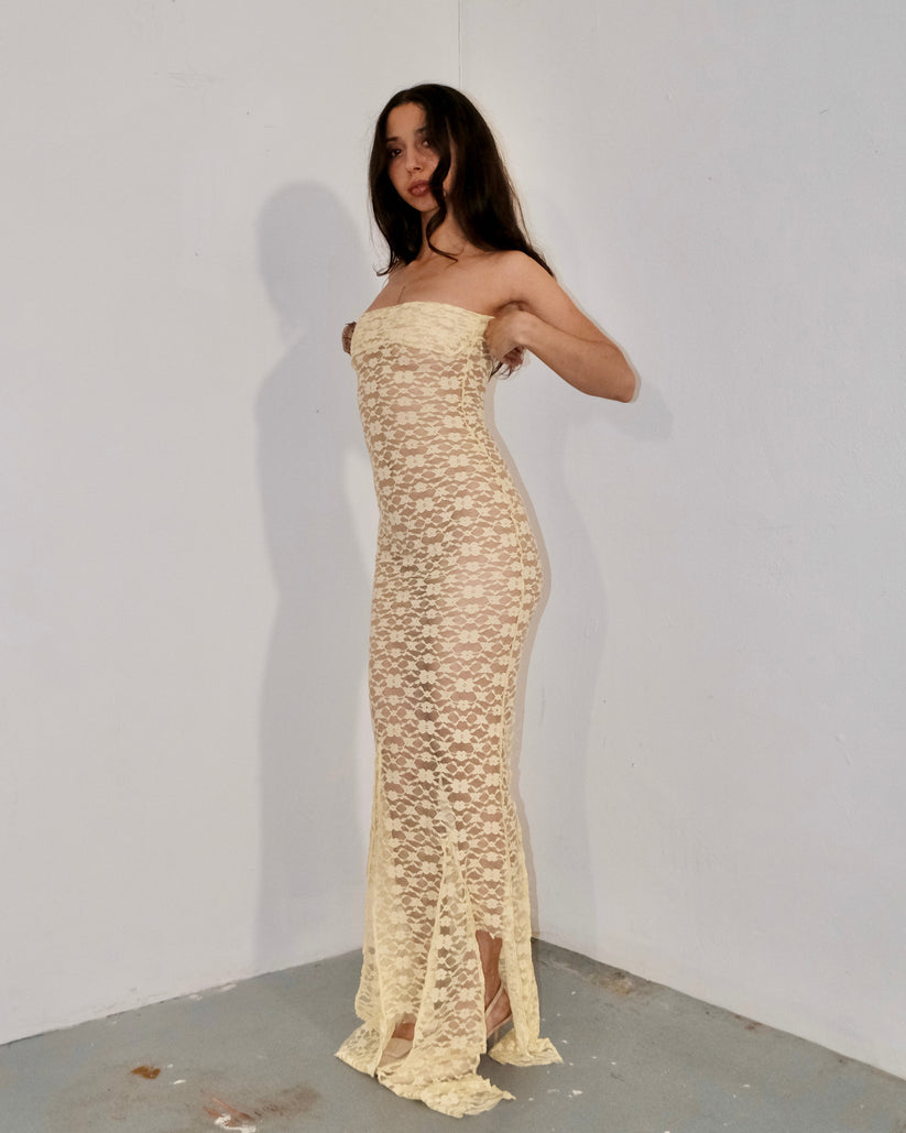 Butter Yellow Lace Bardot Top Stretch Midi / Maxi Dress - QHA UK