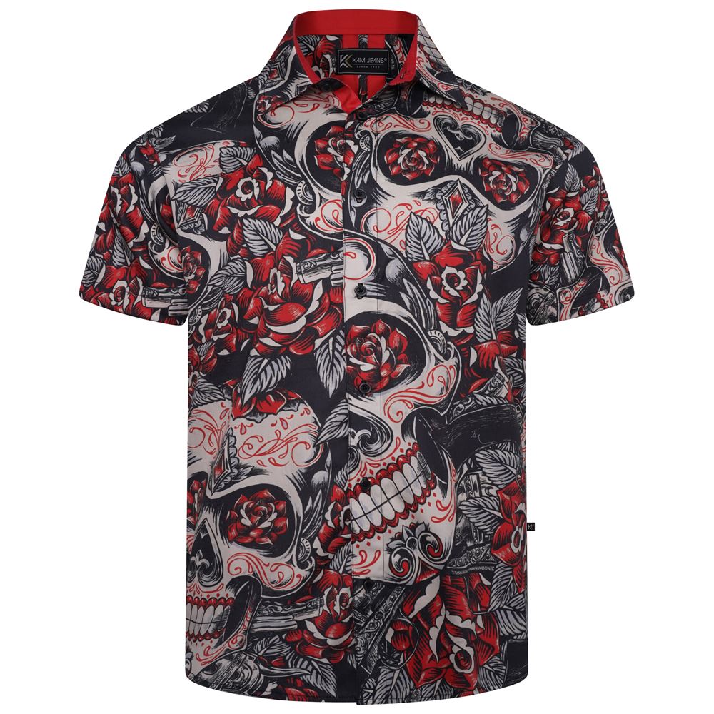 KAM Skull And Roses Print Short Sleeve Shirt For Men in Black, 2XL-8XL