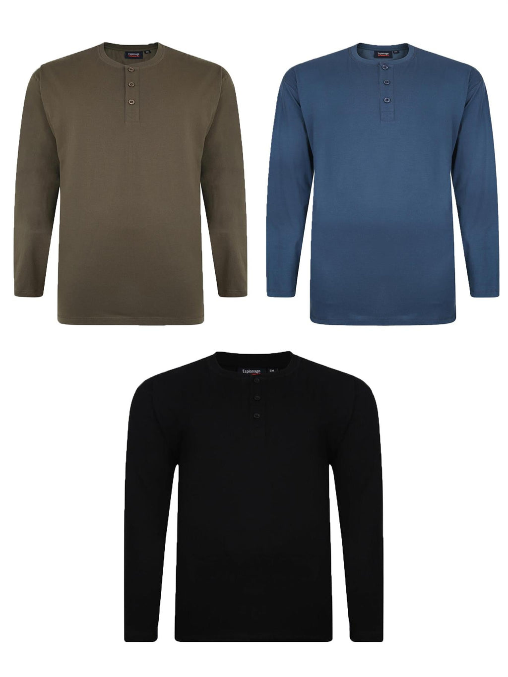 Espionage Men's Big Size Pure Cotton Long Sleeve Grandad Tee Shirts (310) 2XL-8XL, 3 Colours