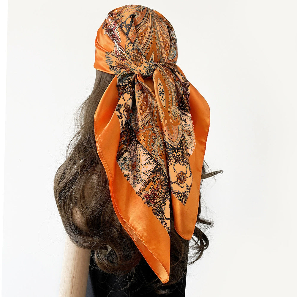 Classic Cashew-patterned Silk Satin Scarf, Printed Headscarf for Women, 90/90cm Square Scarf