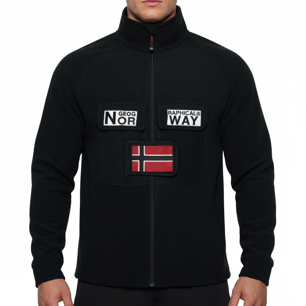 A black zip-up fleece jacket with a stand-up collar, featuring two front pockets with white patches reading 'GEOG NOR' and 'RAPHICALS WAY', plus a red and white Norwegian flag patch on the lower chest. The jacket is shown on a plain white background.