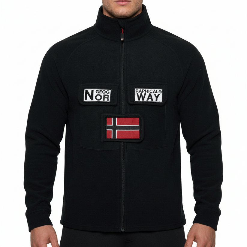 A black zip-up fleece jacket with a stand-up collar, featuring two front pockets with white patches reading 'GEOG NOR' and 'RAPHICALS WAY', plus a red and white Norwegian flag patch on the lower chest. The jacket is shown on a plain white background.