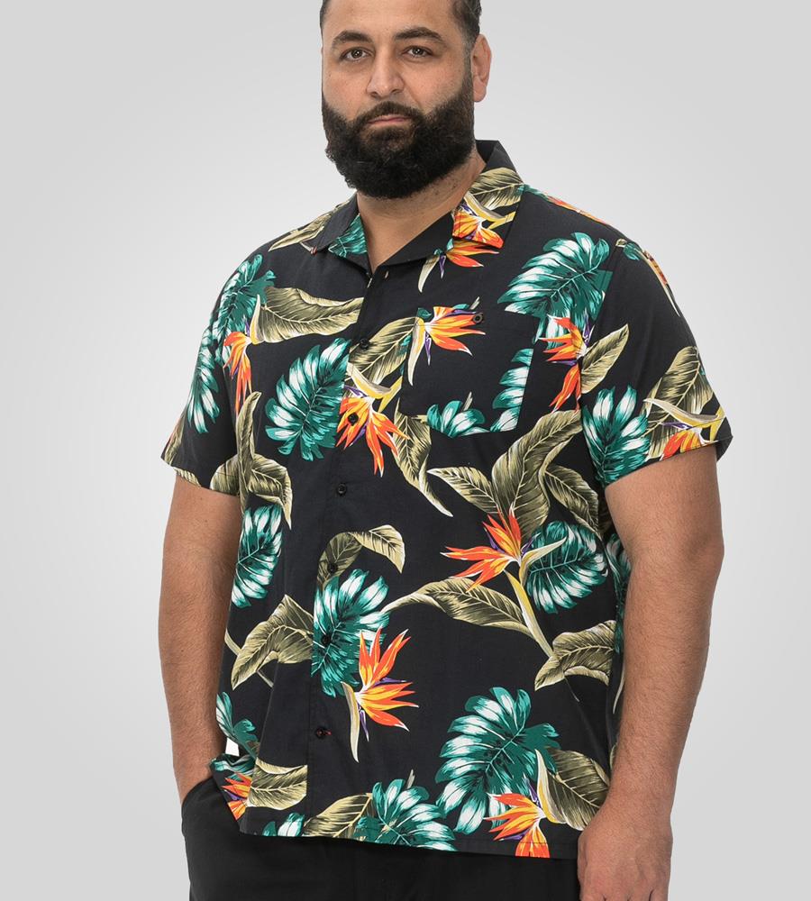 D555 SELBY Black Hawaiian Print Short Sleeve Shirt For Men in Black, 2XL-8XL