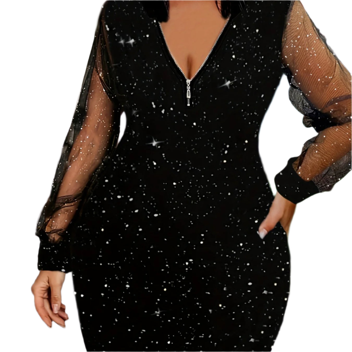 Hot Diamond Sequin Net Splicing Dress Elegant Commuting V-neck Zipper Long Sleeve Dress