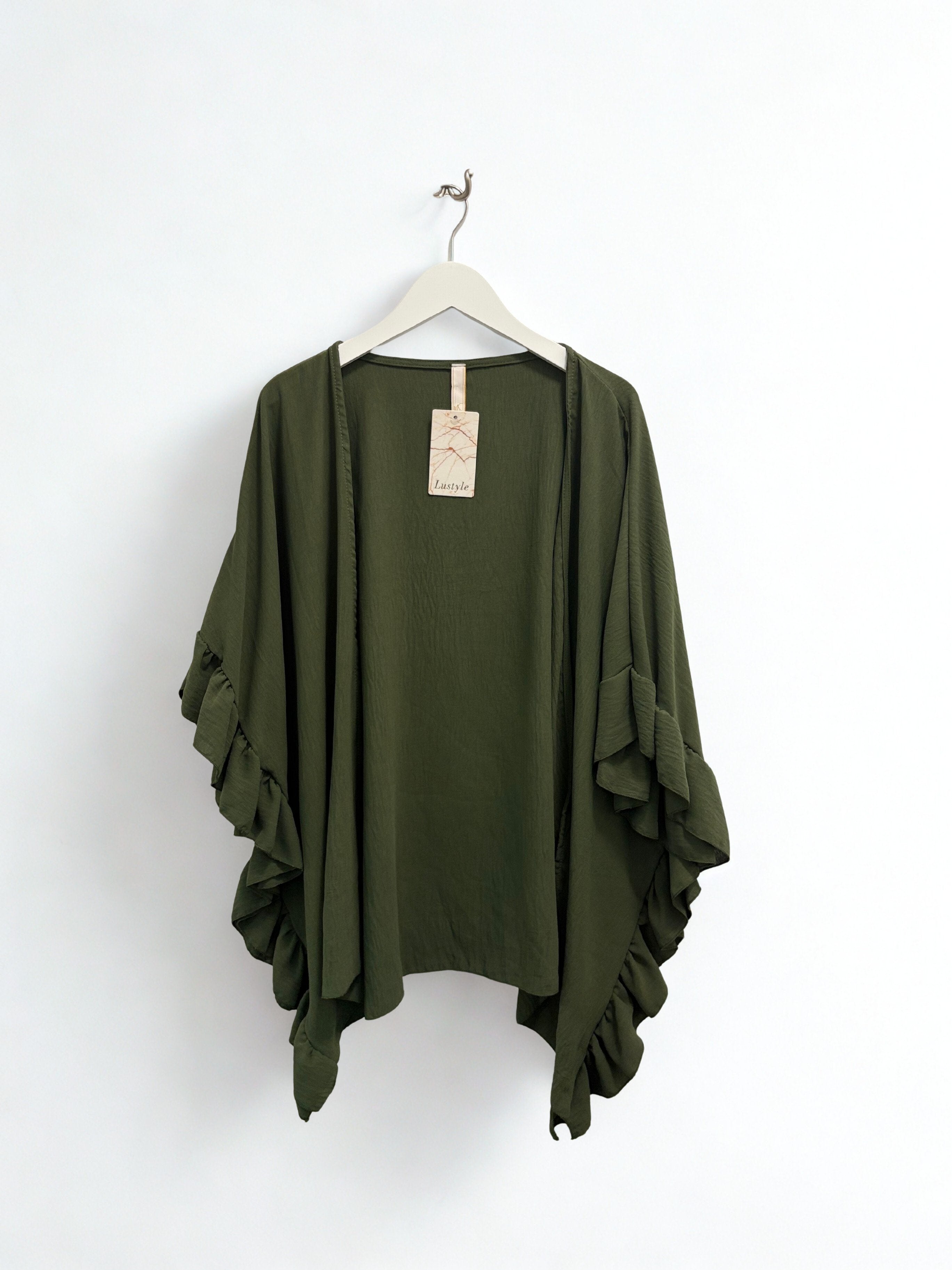 Women’s Ruffle Sleeve Kimono Cardigan | Lightweight Layering Jacket | One Size Fits 8–24/26
