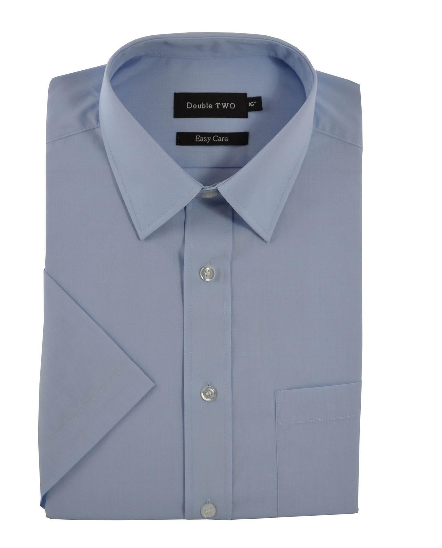 Folded light blue dress shirt with short sleeves on a white background