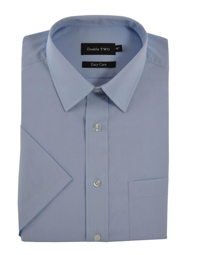 Folded light blue dress shirt with short sleeves on a white background