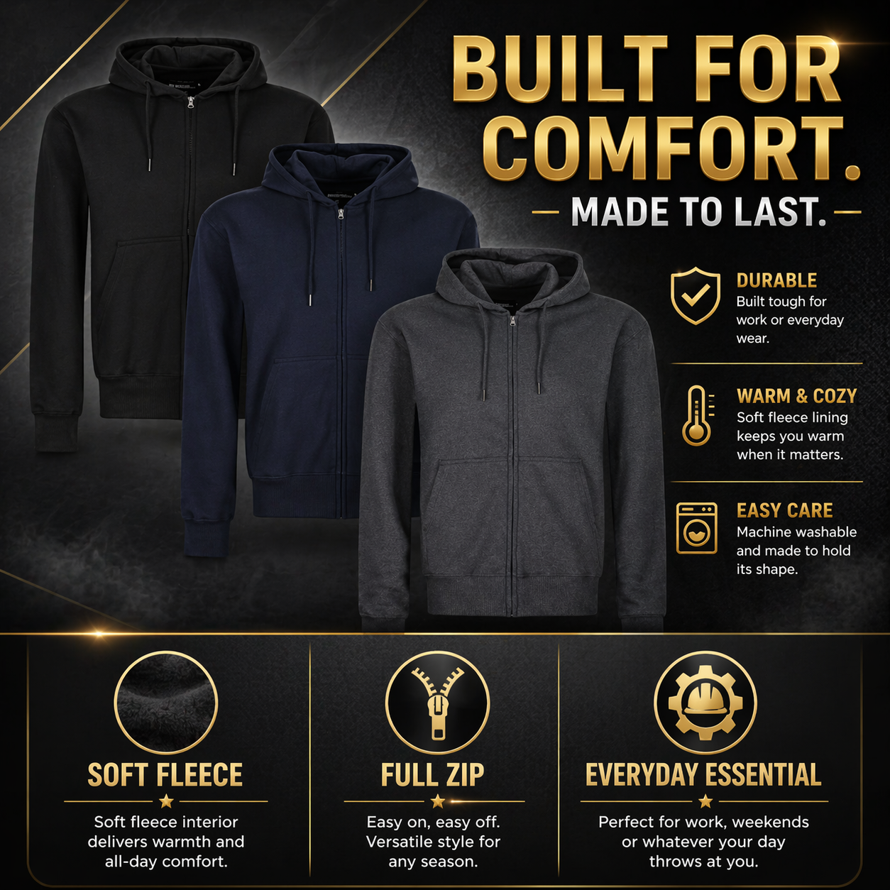 Mens Full Zip Hoodie Fleece Sweatshirt Jacket Casual Hooded Top