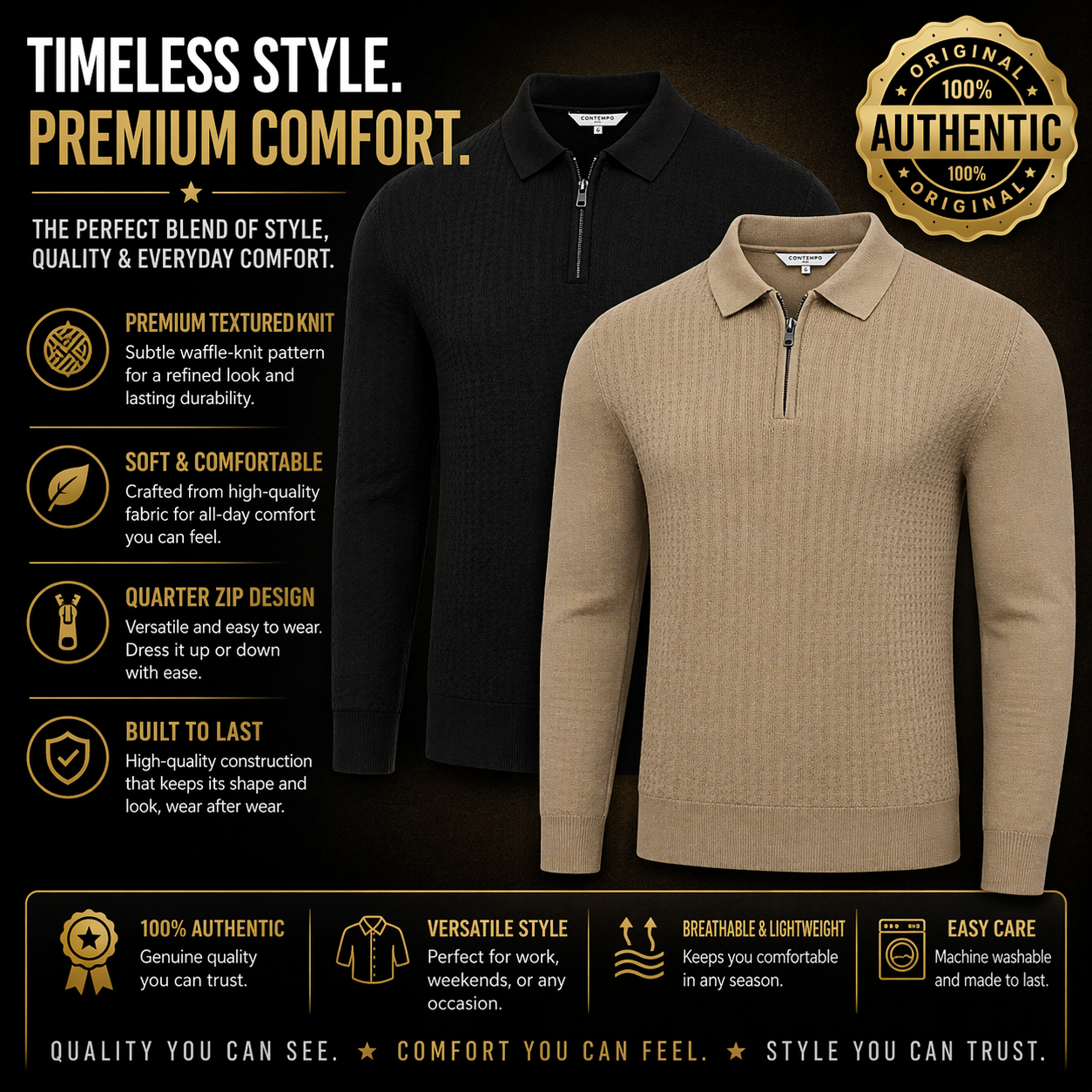 Contempo Mens Half Zip Polo Jumper Ribbed Knit Stretch Long Sleeve Casual Top