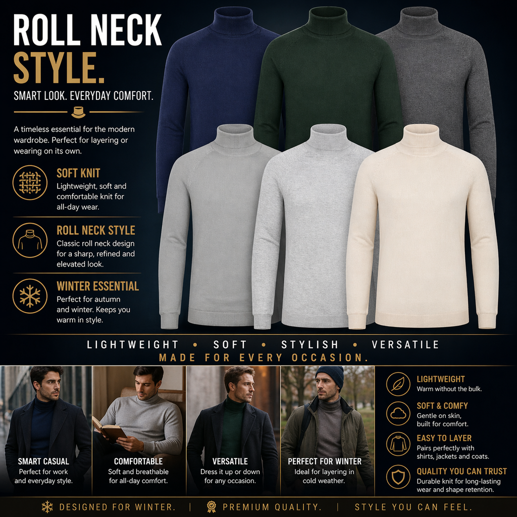 City Comfort Mens Turtle Roll Neck Jumper Lightweight Knit Sweater Casual Top - QHA UK