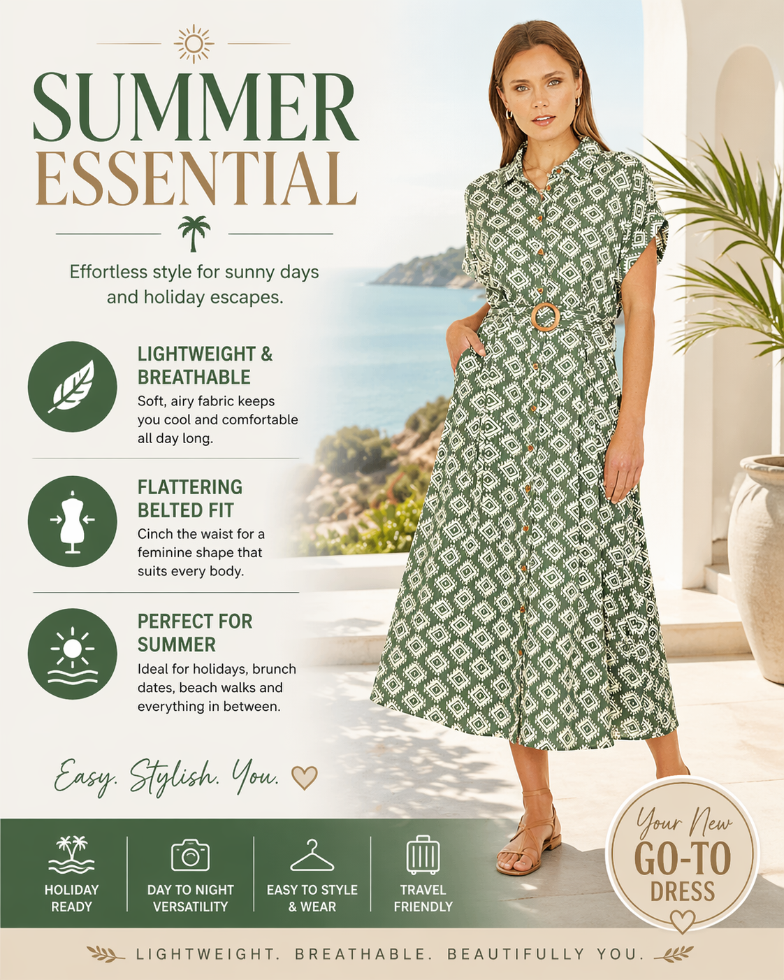 Yumi Green Midi Shirt Dress Belted Button Summer Holiday Viscose Dress - QHA UK