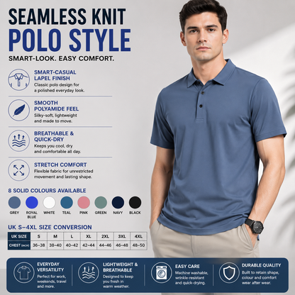 Mens Seamless Knit Polo Shirt Short Sleeve Lapel Smart Casual Top UK S-4XL