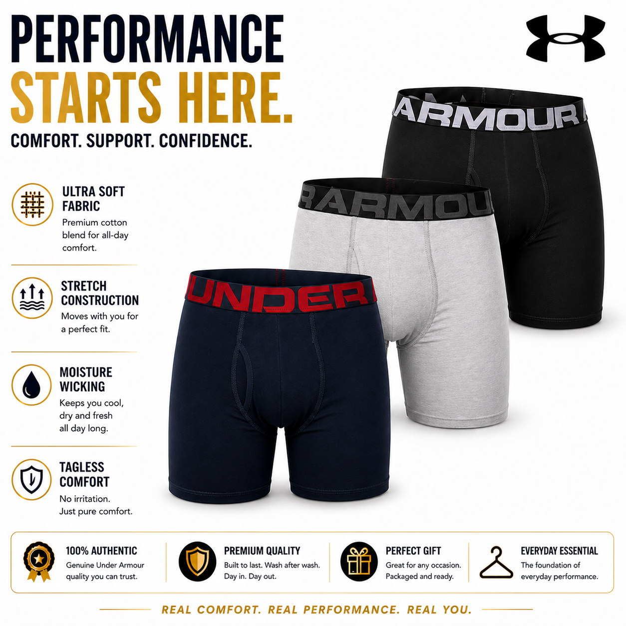 Under Armour 3 Pack Boxerjock 6” Charged Cotton Mens Boxers Shorts