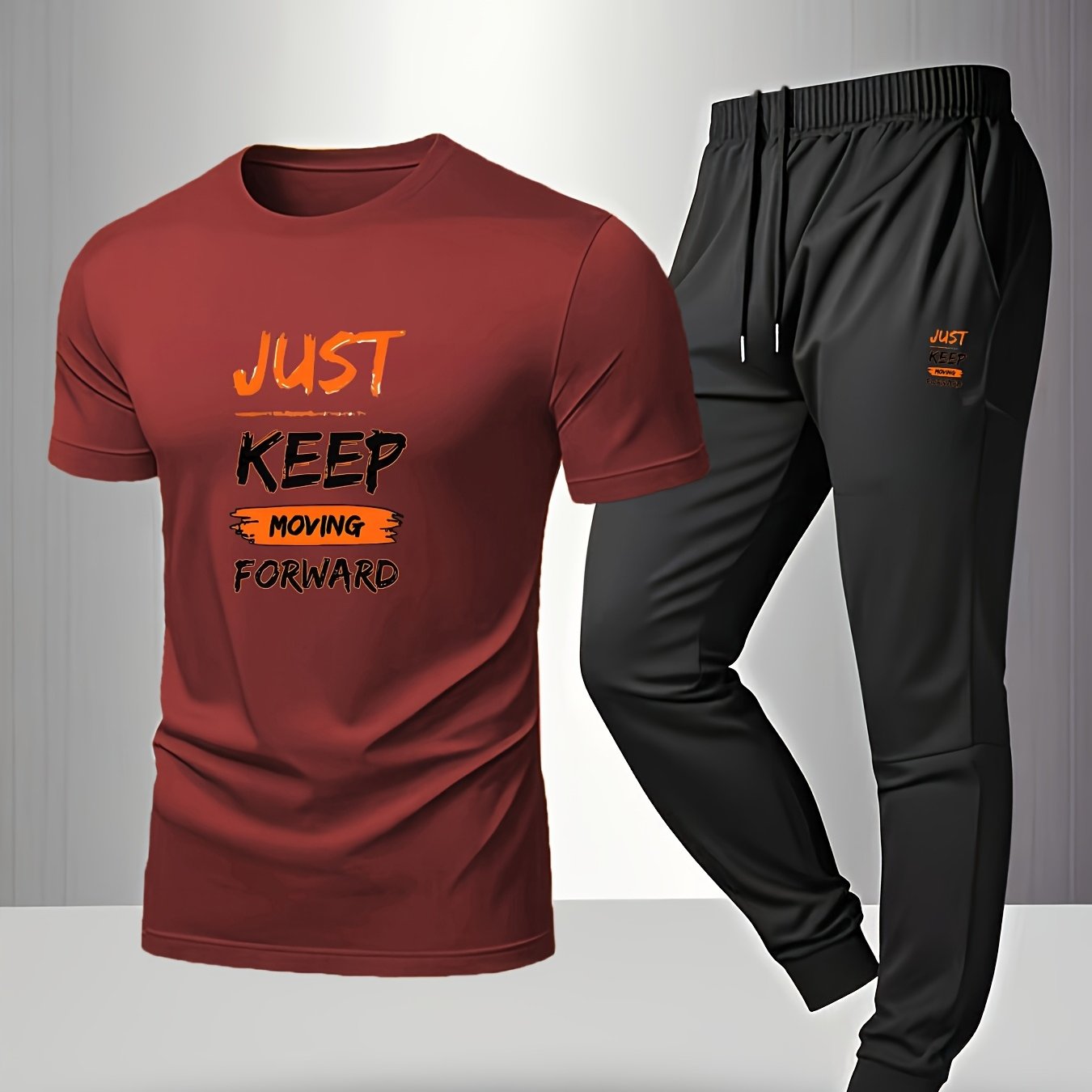 Men’s Breathable Athletic Set – White “Just Keep Moving” T-Shirt & Black Joggers