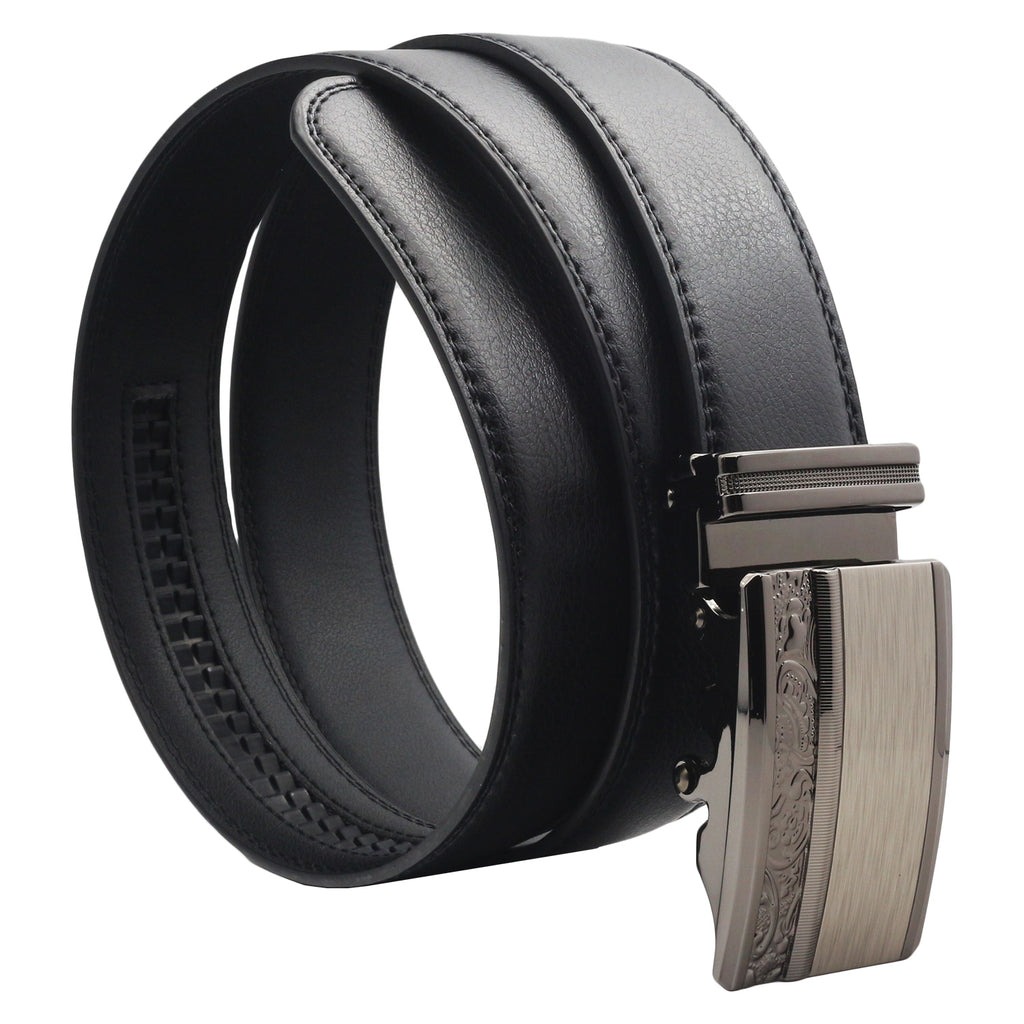 QHA Mens 35mm Ratchet Leather Belt, Gunmetal Carbon Fiber Buckle Q5088