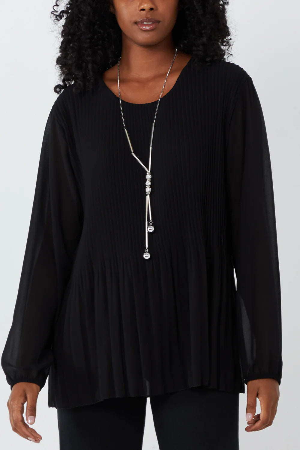 Pleated Longsleeve Top with Necklace – One Size Fits 8–16 (Available in Multiple Colours)