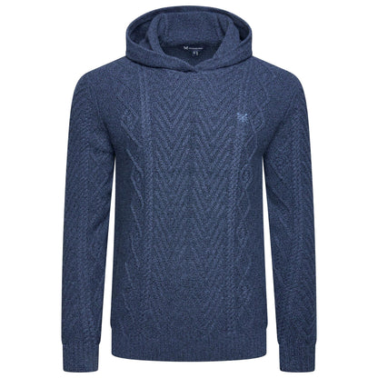 A navy blue cable-knit pullover hoodie with a textured chevron pattern on the front, shown on a plain white background.