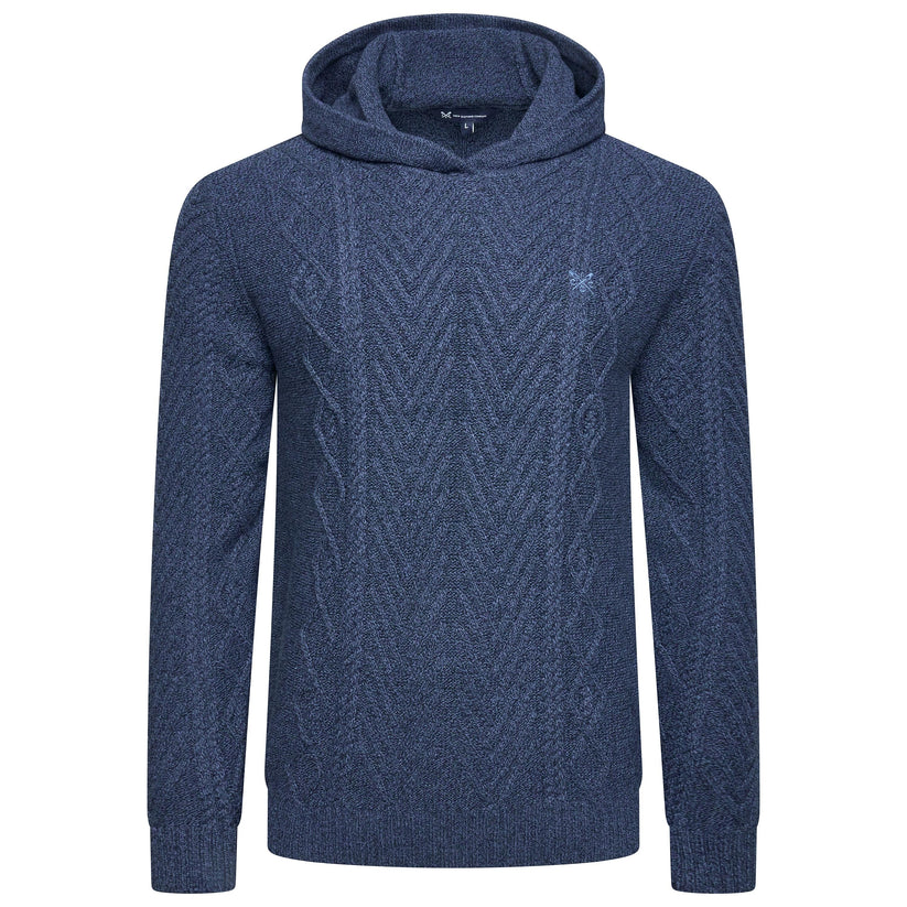 A navy blue cable-knit pullover hoodie with a textured chevron pattern on the front, shown on a plain white background.