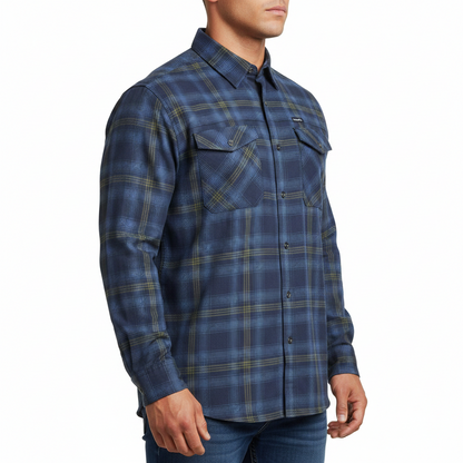 A long-sleeve button-up plaid shirt in navy blue with yellow and light blue stripes, featuring two buttoned chest pockets, shown on a plain white background.