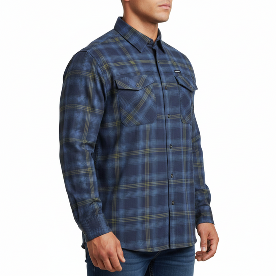 A long-sleeve button-up plaid shirt in navy blue with yellow and light blue stripes, featuring two buttoned chest pockets, shown on a plain white background.