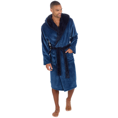 Pierre Roche Men's Hooded Fleece Dressing Gown with Contrast Belt & Pockets