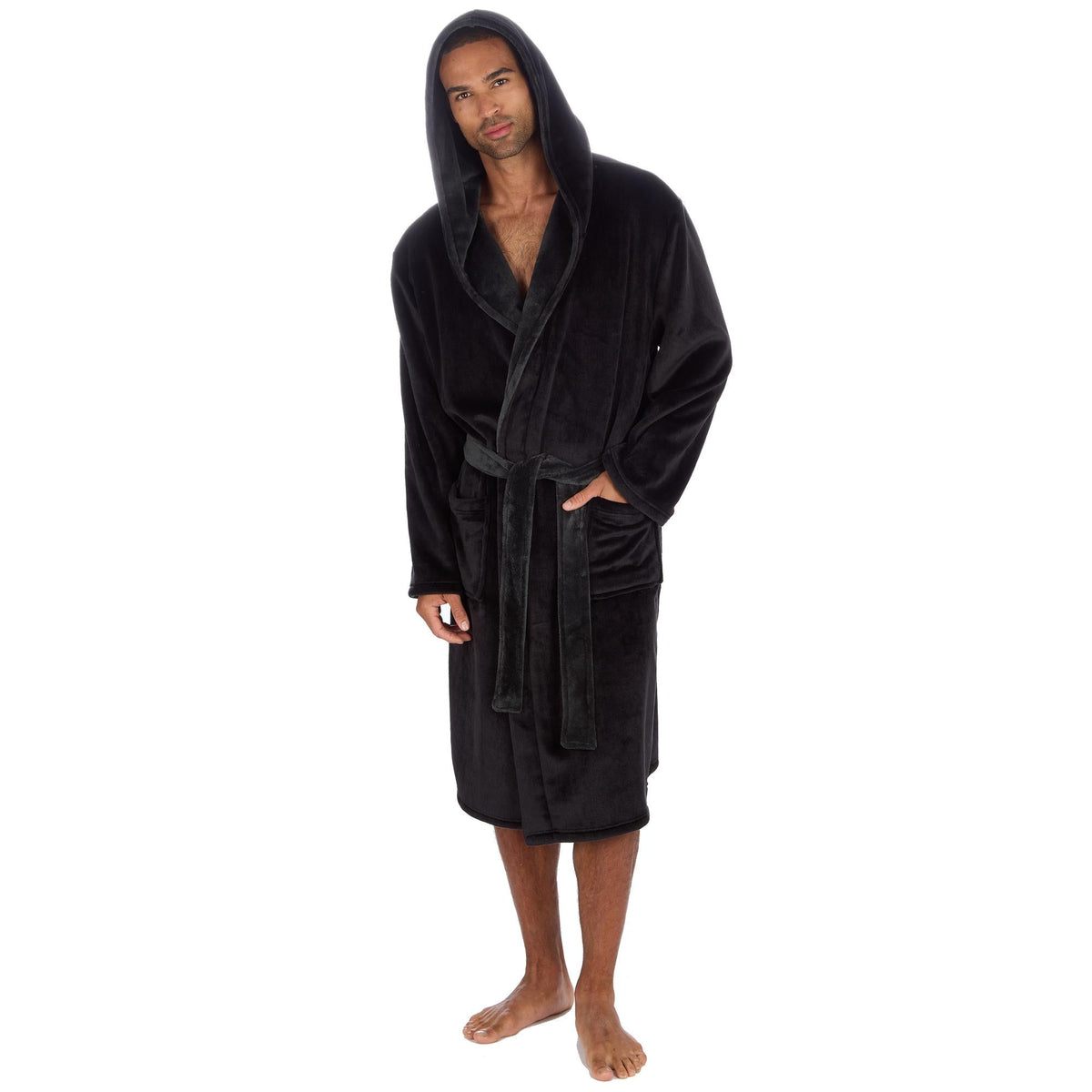 Pierre Roche Men's Hooded Fleece Dressing Gown with Contrast Belt & Pockets